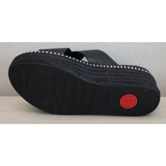 FitFlop Women's Sz 9 Black Eloise Espadrille Leather Wedge Cross Slides - Picture 11 of 15